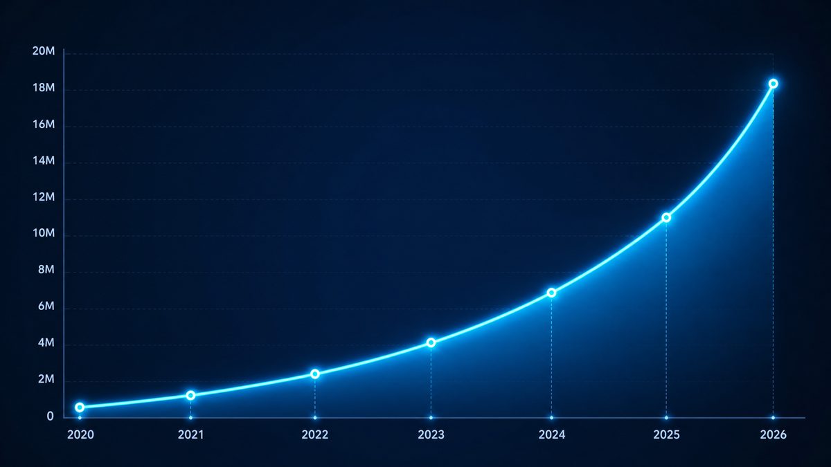 黄色91用户增长数据图表,展示2020-2026年注册用户从50万增长至1800万的趋势